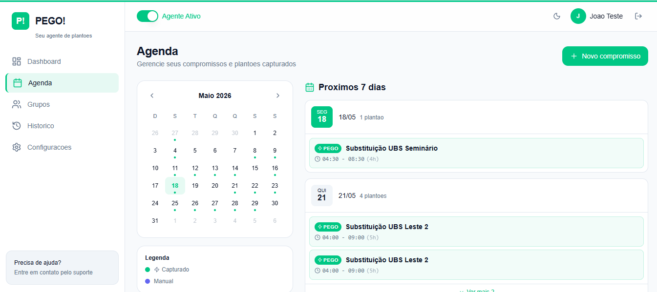 Agenda do Pego com calendário do mês e próximos 7 dias