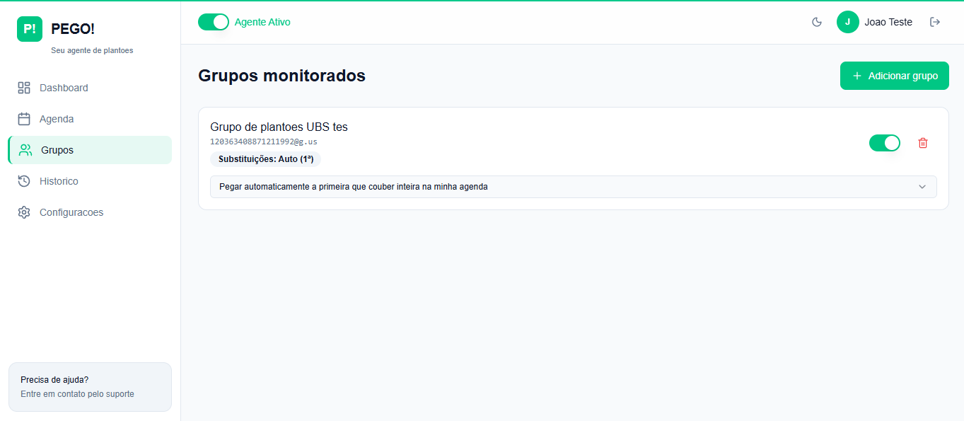 Tela de Grupos monitorados, com regra de substituição automática