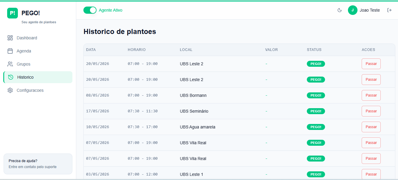 Histórico de plantões pegos, com data, horário, local e status