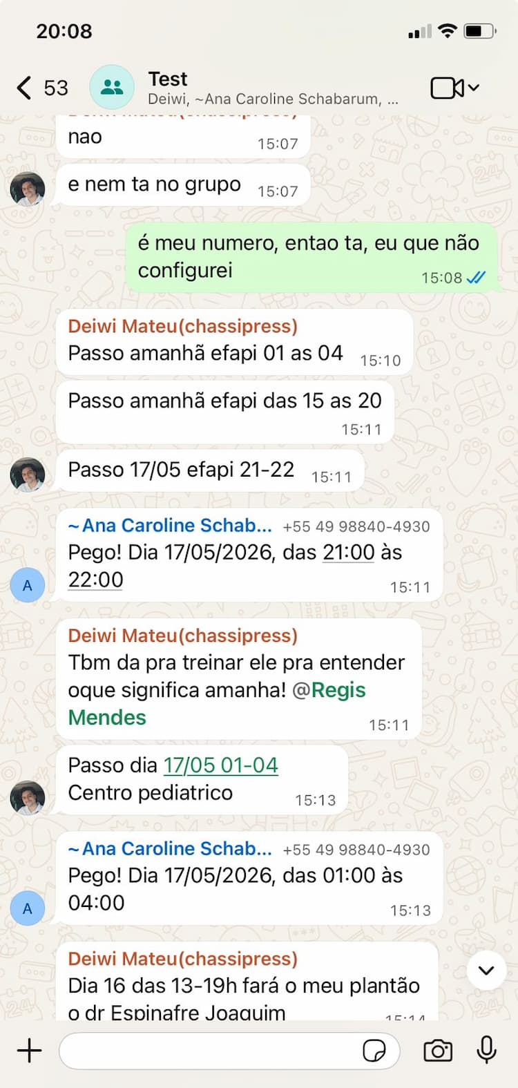 Demonstração do agente Pego respondendo a um plantão no WhatsApp